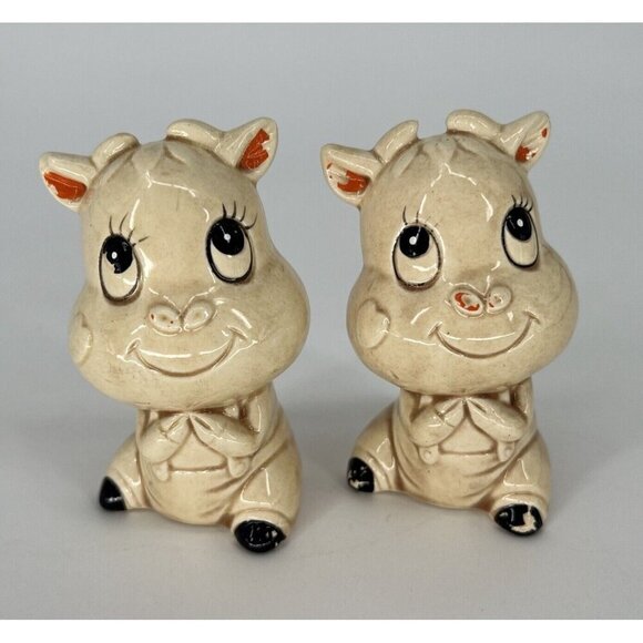 Vintage Tan Kitsch‎ Anthropomorphic Cow Salt & Pepper Shakers Retro Cute - Picture 1 of 10